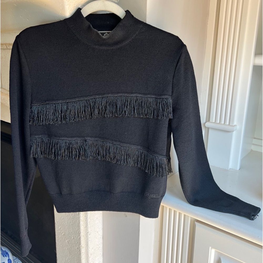 St. John Sport by Marie Gray Black Mock Neck Long Sleeve Fringe Sweater Sz Small
